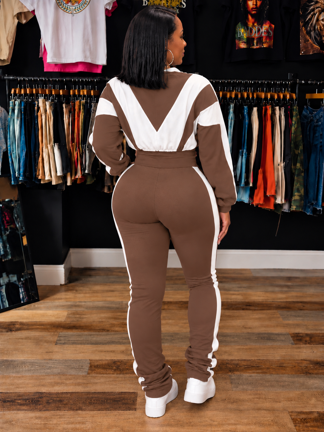 Sporty Color Block 2-piece Tracksuit/Brown&Wht