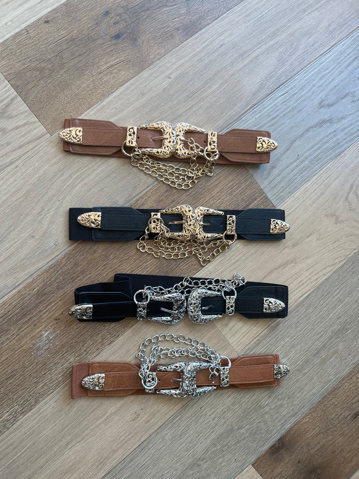 Double Buckle Chain Detail Vegan Leather Belt