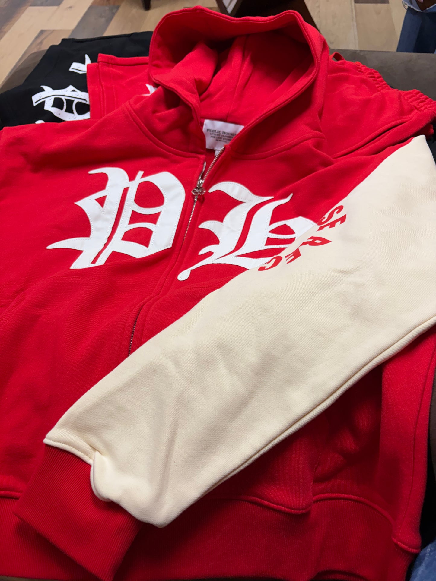 Public Housing Red Hoodie/Tan sleeves