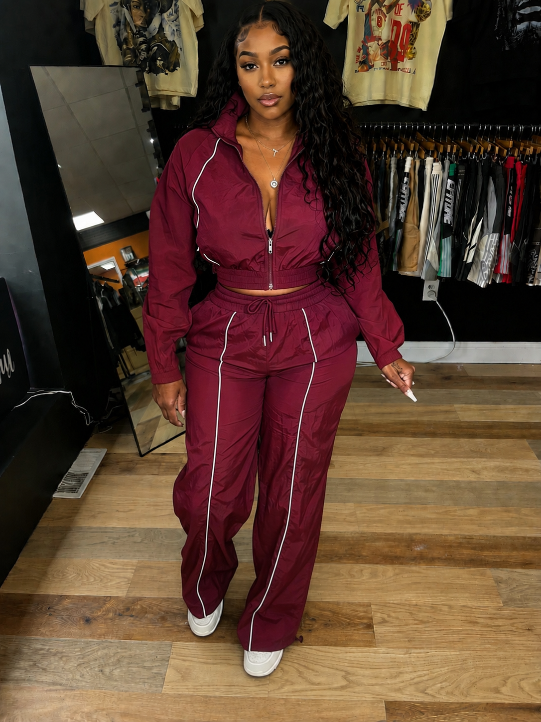 Contrast Piping Zip Up Tracksuit/Burgundy