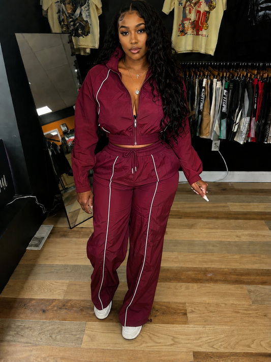 Contrast Piping Zip Up Tracksuit/Burgundy