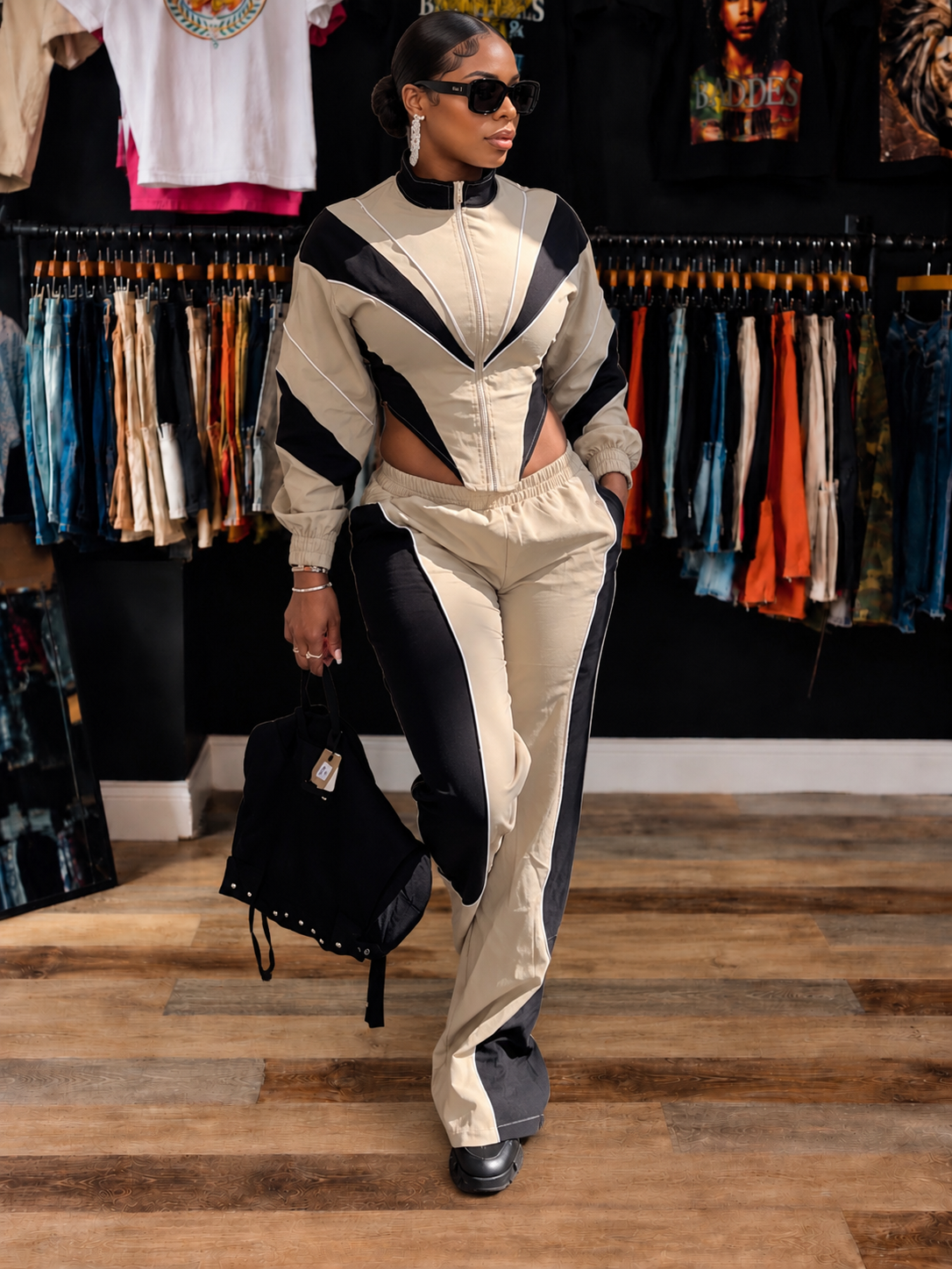 ColorBlock Track Pant Set Black/Khaki
