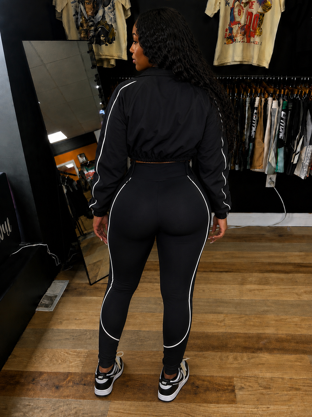 Striped Tracksuit Jacket and Leggings Set/Black