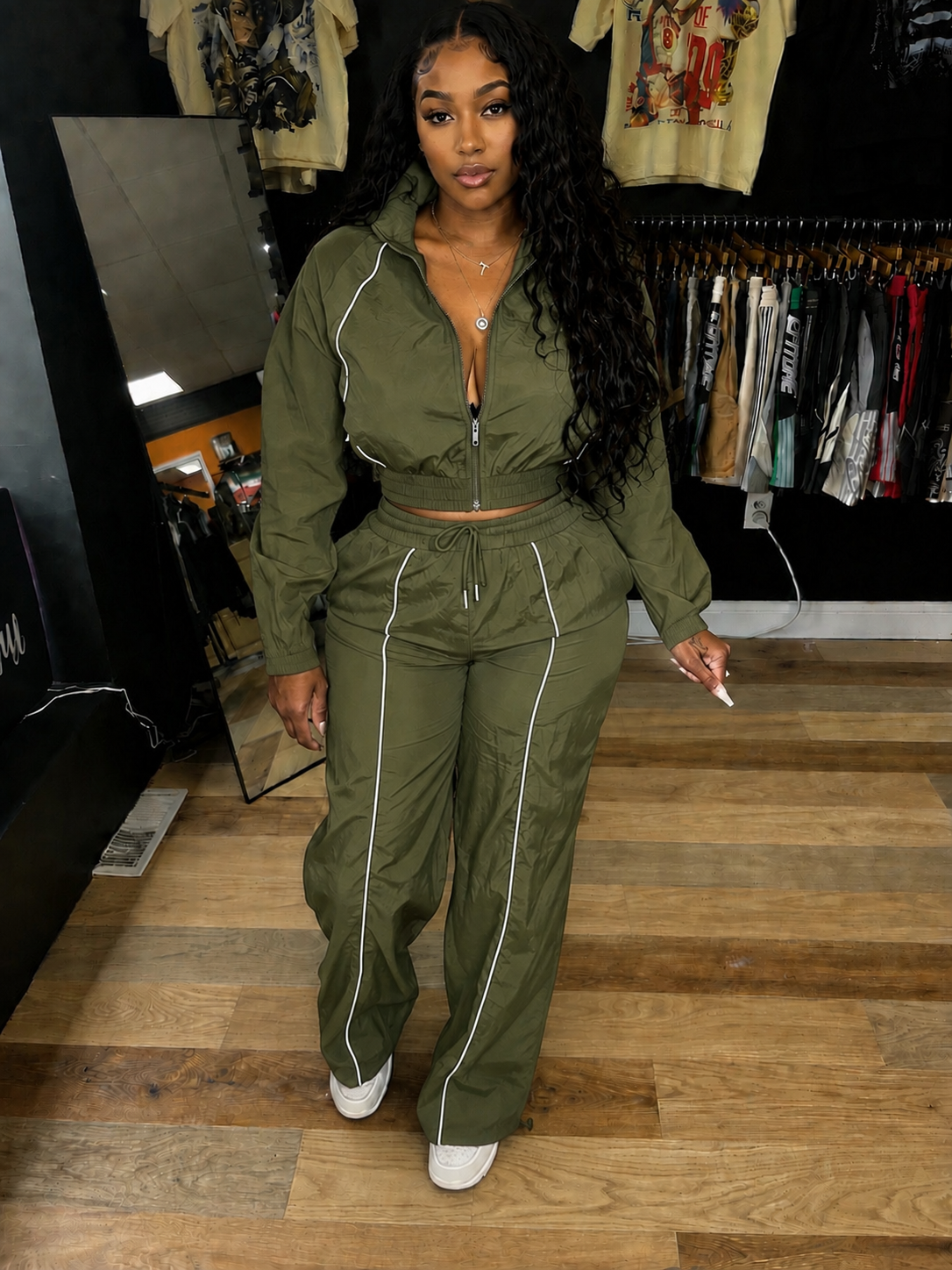Contrast Piping Zip Up Tracksuit/Olive Green