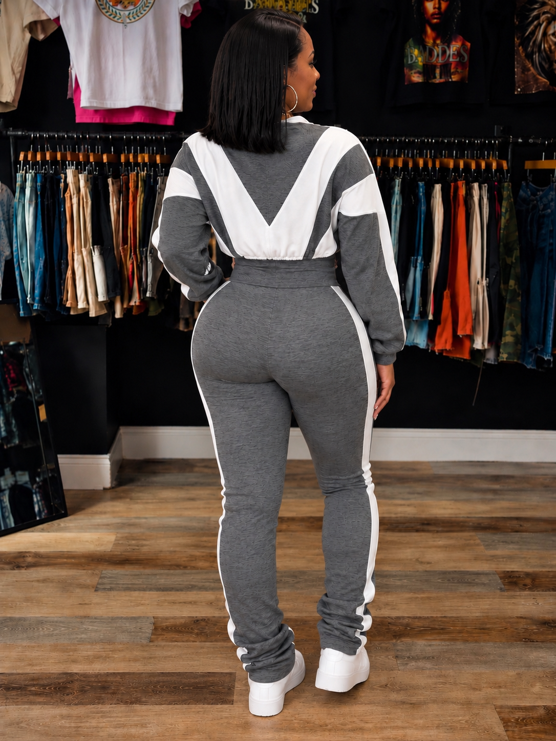 Sporty Color Block 2-piece Tracksuit/Grey&Wht
