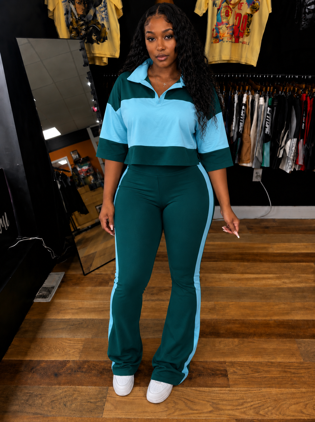 Collared Top &Pants Two-piece/Green