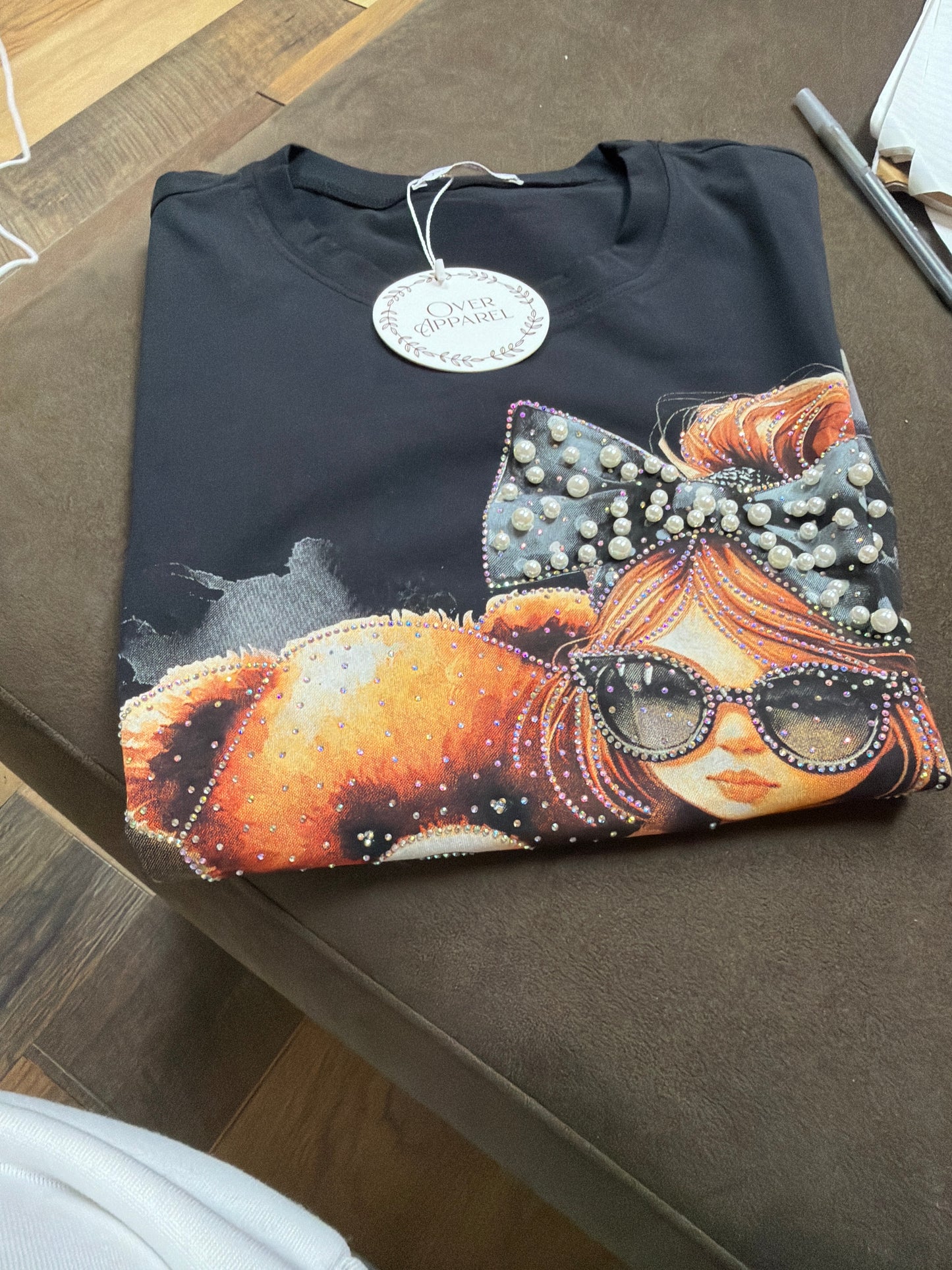 Black Glam Bling and pearls short sleeves tee
